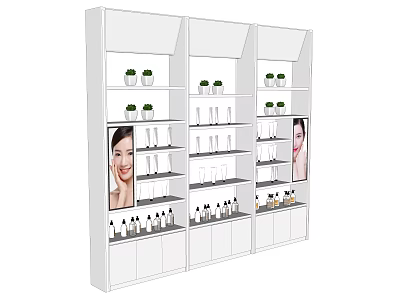 White Multi Tiered Display Shelves With Cosmetic Products And Advertising Panels 3d model