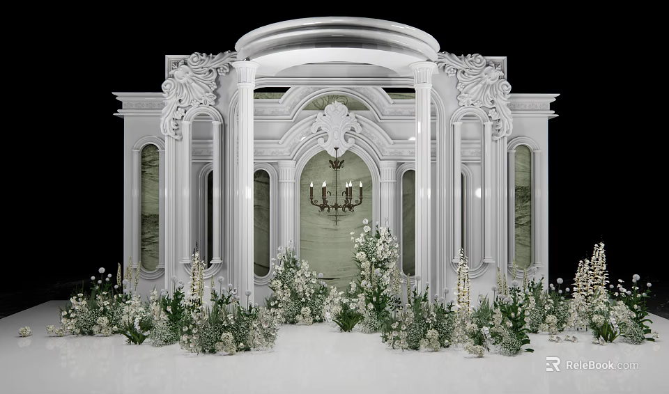 Ornate White Wedding Stage Decor With Carved Arches Green Plants White Flowers And Chandelier 3d model 