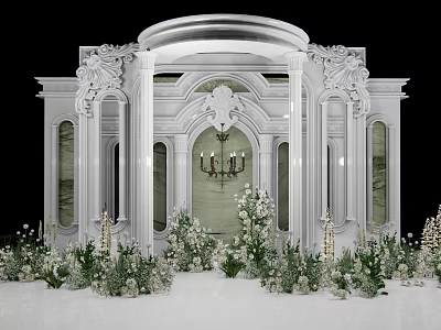 Ornate White Wedding Stage Decor With Carved Arches Green Plants White Flowers And Chandelier 3d model