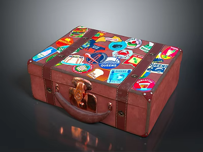 Vintage Brown Suitcase Decorated With Colorful Travel Stickers And Leather Handle 3d model