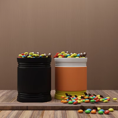Colorful Candies Filled in Black and Orange Jars with Scattered Pieces on Wooden Table 3d model