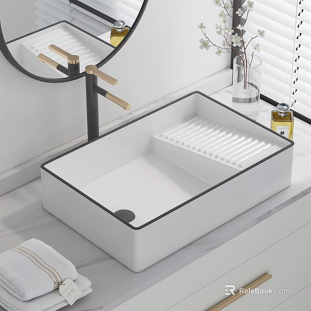 Modern White Square Washbasin With Black Rim Gold Handle Faucet And Transparent Vase 3d model 