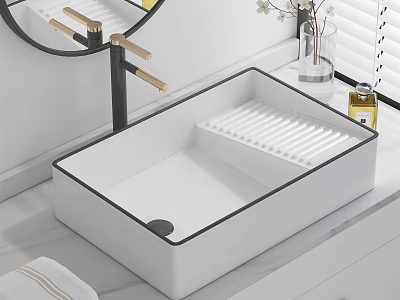 Modern White Square Washbasin With Black Rim Gold Handle Faucet And Transparent Vase 3d model