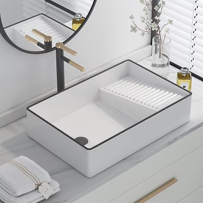 Modern White Square Washbasin With Black Rim Gold Handle Faucet And Transparent Vase 3d model