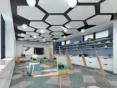 School Art Classroom With Easels Paintings Shelves Windows And Ceiling Lights 3d model