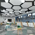 School Art Classroom With Easels Paintings Shelves Windows And Ceiling Lights
