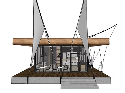 Modern Café Exterior Design With Wooden Roof Glass Facade And Outdoor Seating Steps 3d model