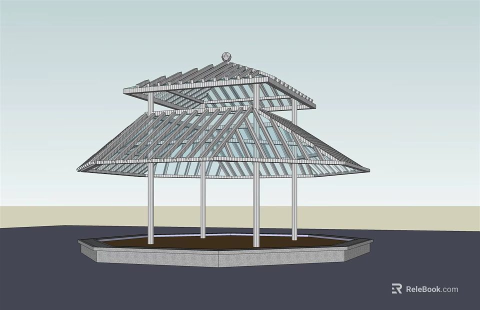 Modern Two Tiered Pavilion With Geometric Roof White Pillars And Circular Base 3d model 