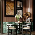 Hotel Public Lounge Area with Wooden Walls Green Marble Framed Artworks White Tulips and Golden Lamp