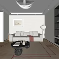 Modern Living And Dining Room With Beige Sofa Coffee Table Rug Fireplace And Decorative Bookshelf