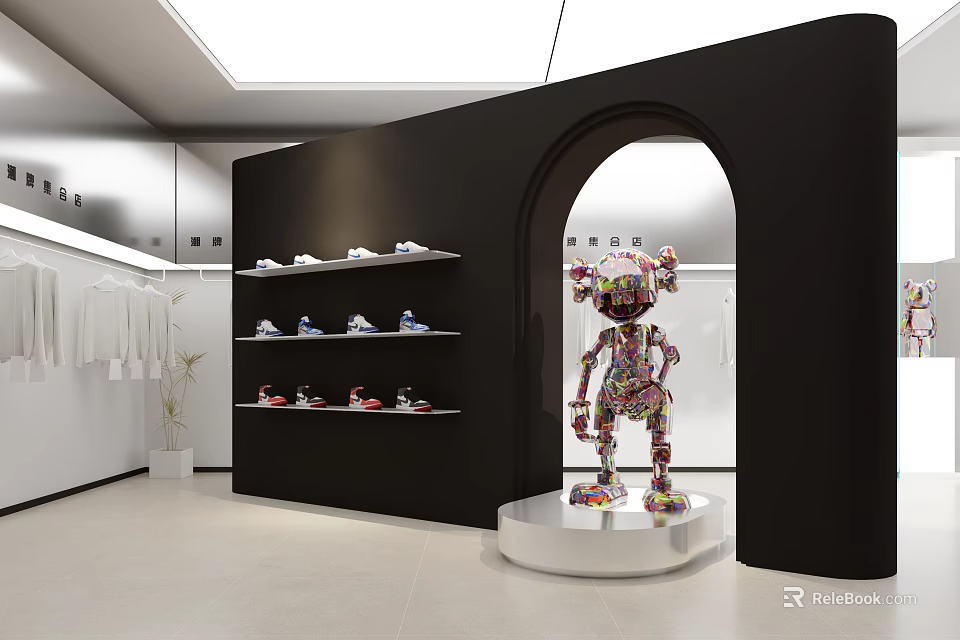 Modern Clothing Store Interior With Black Display Shelves White Clothes Shoes And Colorful Doll Sculpture 3d model 