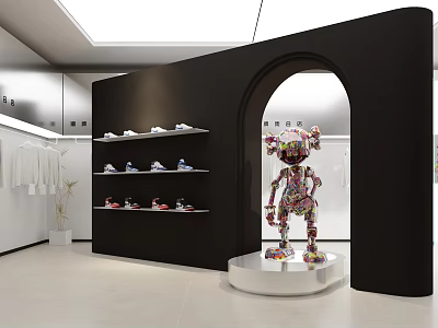 Modern Clothing Store Interior With Black Display Shelves White Clothes Shoes And Colorful Doll Sculpture 3d model