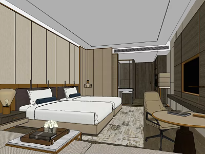 Hotel Guest Room Interior With Twin Beds Nightstands Table Lamps TV And Neutral Tones 3d model