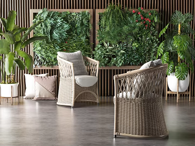 Modern Rattan Single Sofa Interior With Green Plant Wall And Soft Cushions 3d model