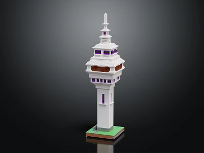 Cartoon Scene White Multi Level Tower With Purple Windows And Green Base 3d model