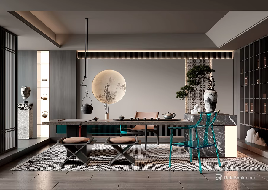 Elegant Modern Tea Room Interior With Moon Decor Bonsai And Tea Set 3d model
