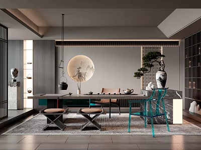 Elegant Modern Tea Room Interior With Moon Decor Bonsai And Tea Set 3d model