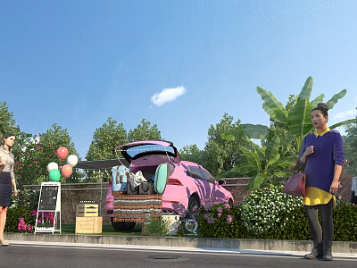 Outdoor Scene With Pink Car Open Trunk Items Green Plants Balloons Blue Sky And People 3d model