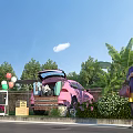 Outdoor Scene With Pink Car Open Trunk Items Green Plants Balloons Blue Sky And People
