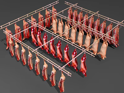 Traditional Cured Meat Strips Hanging On Metal Racks For Drying Process 3d model