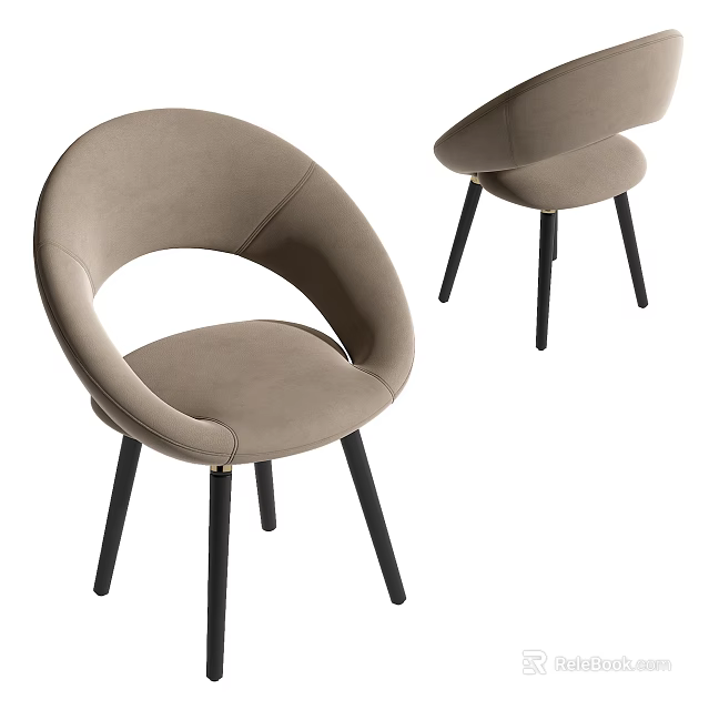 Modern Beige Velvet Dining Chairs With Curved Backrest And Black Legs 3d model 
