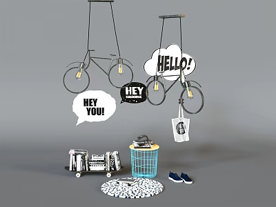 Bicycle Shaped Chandeliers with Hello Hey You Speech Bubbles Blue Basket and Shoes 3d model