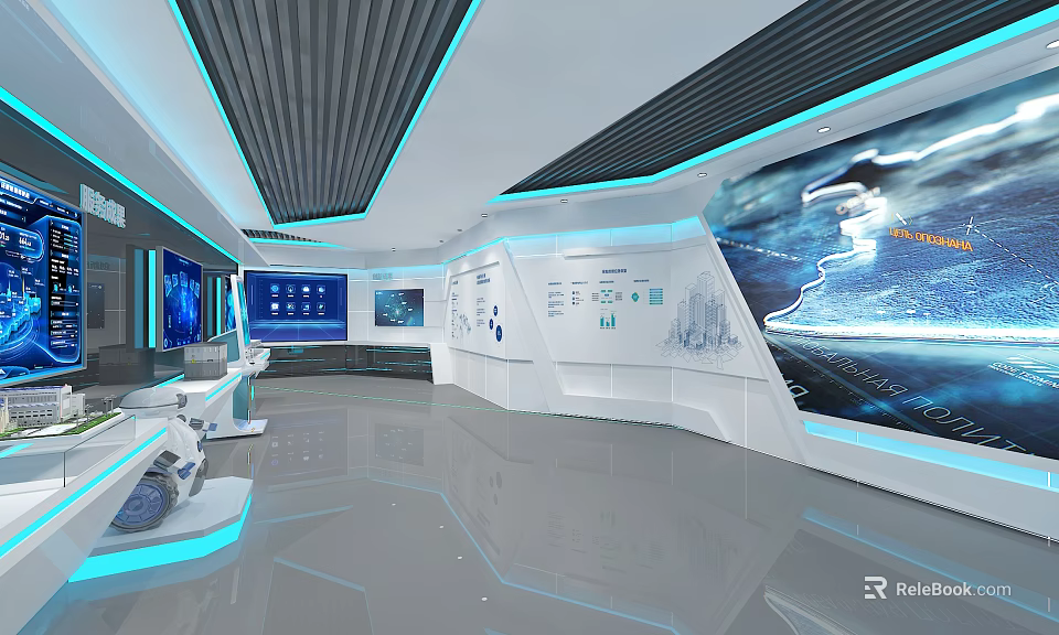 Modern Tech Exhibition Hall With Digital Screens Data Visualization And Display Counters 3d model 