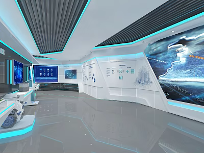 Modern Tech Exhibition Hall With Digital Screens Data Visualization And Display Counters 3d model