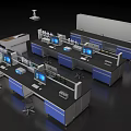 Modern Computer Workstations With Blue Gray Cabinets And Multiple Monitors 3d model