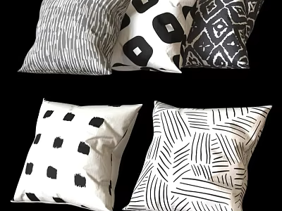 Black and White Decorative Throw Pillows With Abstract Line And Dot Patterns 3d model