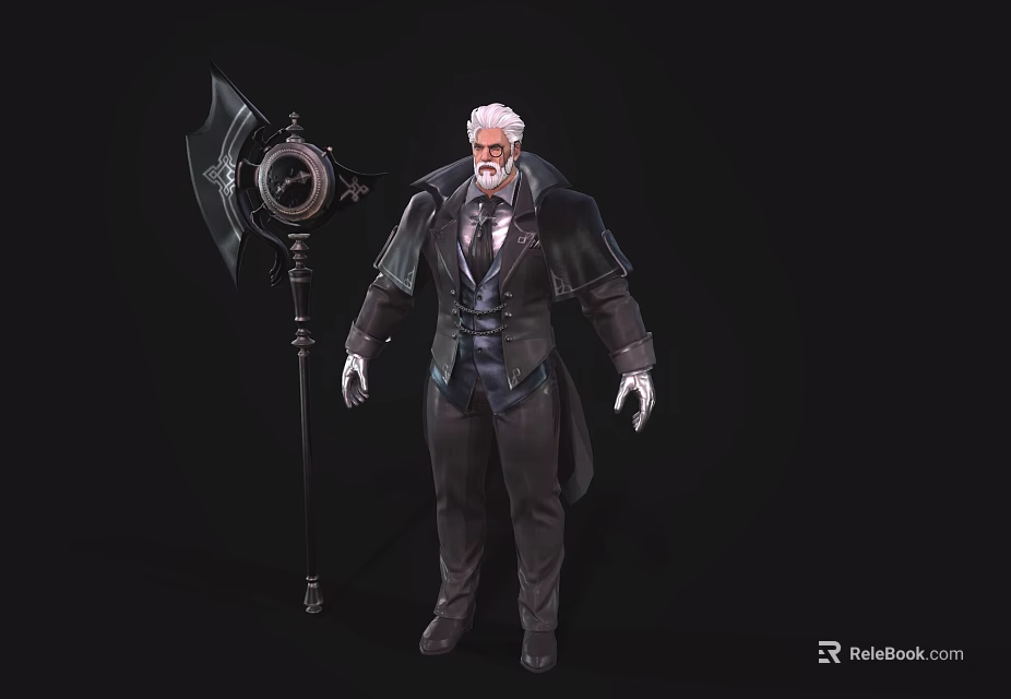 White Haired Elder Character With Steampunk Creature Holding Mechanical Axe And Coat 3d model 