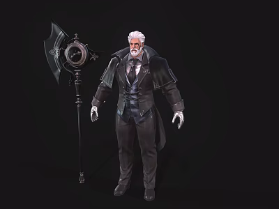 White Haired Elder Character With Steampunk Creature Holding Mechanical Axe And Coat 3d model