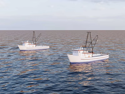 Two White Fishing Boats Sailing On Blue Calm Sea Surface Under Sky 3d model