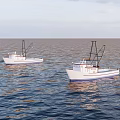 Two White Fishing Boats Sailing On Blue Calm Sea Surface Under Sky
