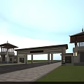 Traditional Chinese Ancient Architecture Entrance Gate With Symmetric Pavilions And Sunset Sky