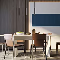 Modern Dining Table Set With Mixed Chairs Hanging Lights Wooden Wall Blue Panel Decor