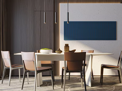 Modern Dining Table Set With Mixed Chairs Hanging Lights Wooden Wall Blue Panel Decor 3d model