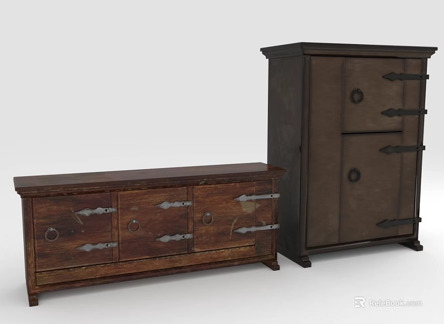 Vintage Entryway Cabinet And Console Table With Wooden Structure And Metal Handles 3d model 