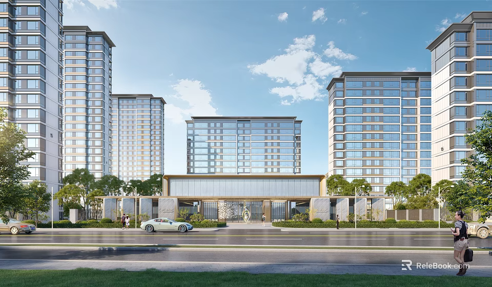 Modern Tall Residential Buildings With Green Landscaping And Elegant Entrance Area 3d model 