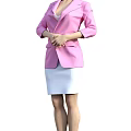 A Woman Wearing Pink Blazer And White Skirt With Hands Clasped In Front
