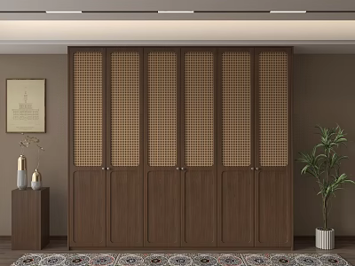 Modern Wooden Wardrobe With Rattan Lattice Panel Doors And Interior Decor Elements 3d model