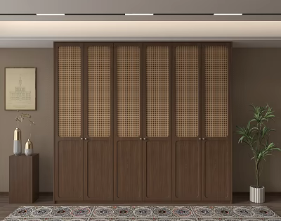 Modern Wooden Wardrobe With Rattan Lattice Panel Doors And Interior Decor Elements 3d model