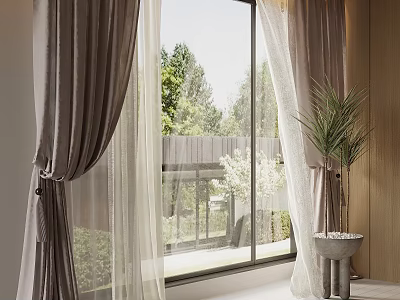 Indoor Window With Brown Curtains Sheer Panels Potted Plant And Green Trees View 3d model