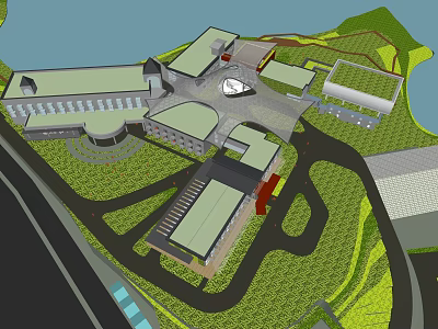 Modern Campus Building Complex with Green Spaces and Connecting Pathways 3d model