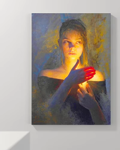 Oil Painting Portrait Of Woman With Red Light On Hands And Off Shoulder Dress 3d model
