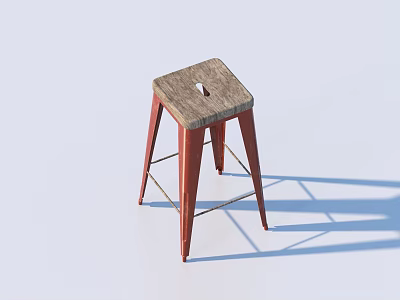 Wooden Square Seat Stool With Red Metal Legs And Central Hole Design 3d model