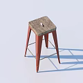 Wooden Square Seat Stool With Red Metal Legs And Central Hole Design