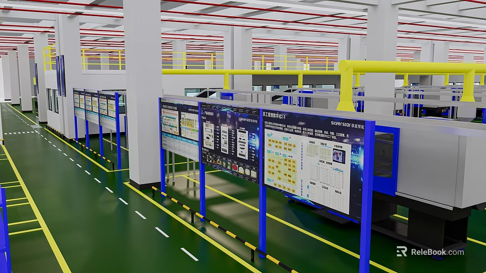 Industrial Factory Interior With Green Floor Yellow Railings And Data Display Boards 3d model 