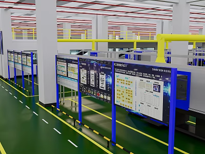 Industrial Factory Interior With Green Floor Yellow Railings And Data Display Boards 3d model