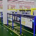 Industrial Factory Interior With Green Floor Yellow Railings And Data Display Boards